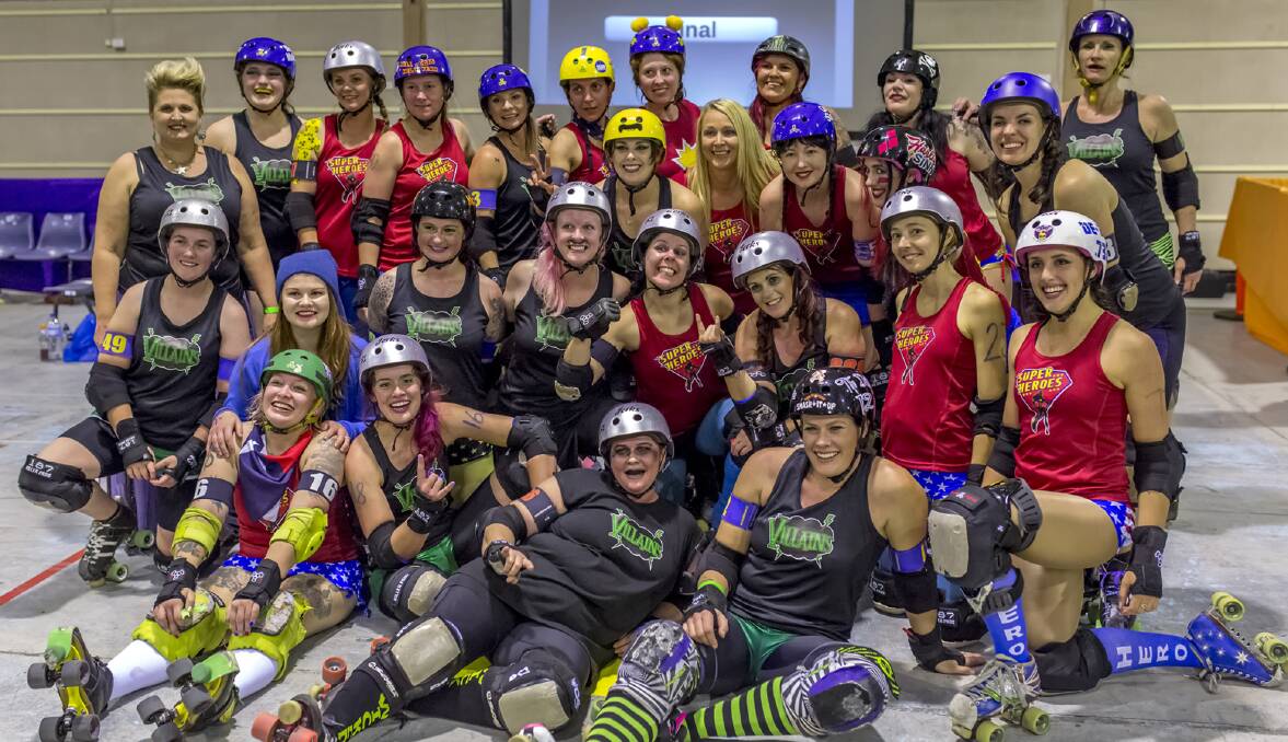 Amped up: Newcastle Roller Derby League players gear up for their last bout of the season on home turf at the Showgrounds Exhibition Centre in Broadmeadow. Picture: Kerry Cameron