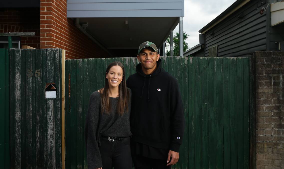 ORIGIN: Knights player Daniel Saifiti at home with his girlfriend Mikenzie McManus, ahead of his NSW State of Origin debut. Picture: Jonathan Carroll