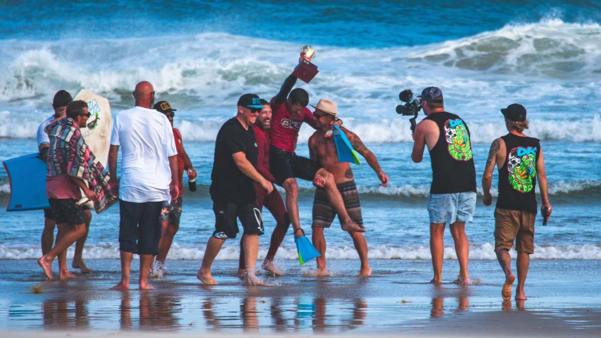 Ryan Duck celebrates his first win in the dropknee bodyboarding competition in 2021 at Lighthouse Beach, Port Macquarie. Picture by Paul Van Den Boom.