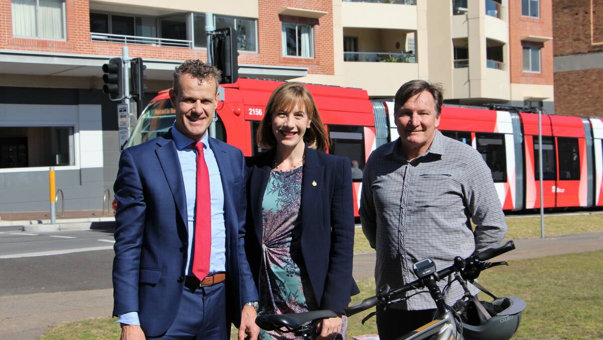 Member for Newcastle Tim Crakanthorp, Shadow Minister for Active Transport Jo Haylen, Metro Cycles owner Bernard Hockings