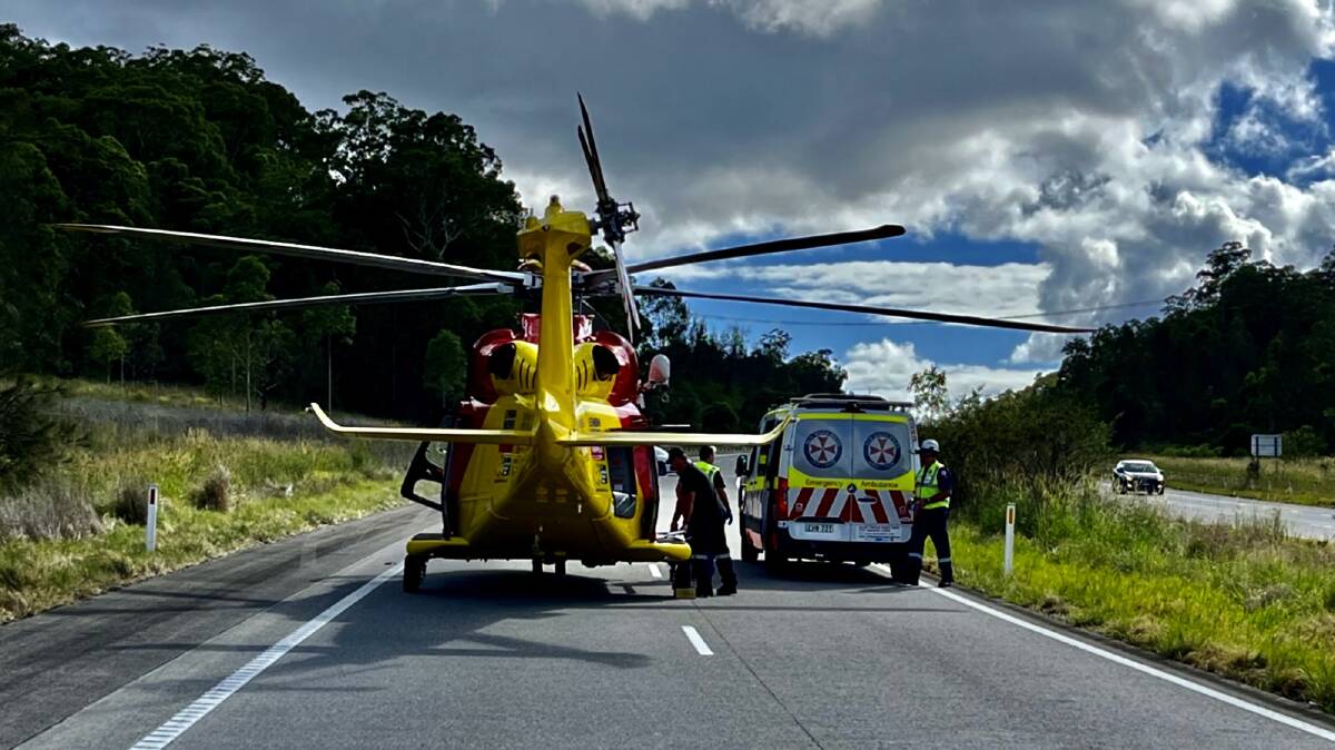 A single vehicle accident on the Pacific Highway at Nerong south of Bulahdelah. Picture by Westpac Rescue Helicopter