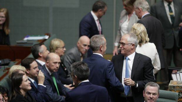 Opposition Leader Bill Shorten and Prime Minister Malcolm Turnbull in the House of Representatives after the vote to legislate same-sex marriage. Photo: Alex Ellinghausen