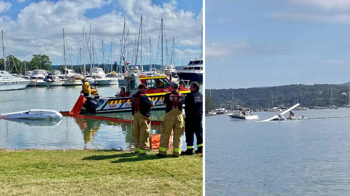 Emergency services during the salvage works for the 'flying boat' (left). Picture by Peter Lorimer. Right, the gyrocopter boat after the crash. Picture by Carmen Wilson