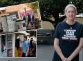 Newcastle Liberal councillor Jenny Barrie in front of Awaba Park, Hamilton. Inset, police patrol the area in 2021, and people using the community pantry in the park. 