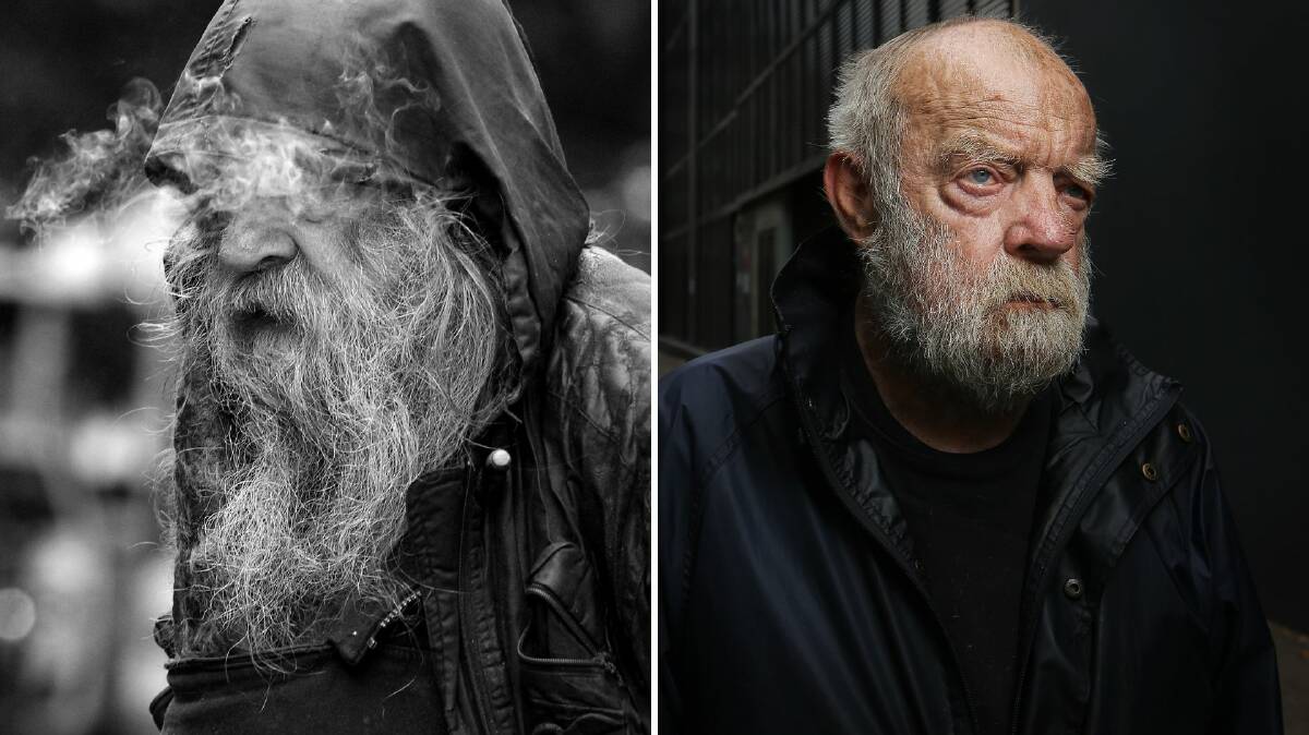 Left, Pete photographed in the Hunter Street Mall in 2014. Picture by Jonathan Carroll. Right, Newcastle Herald photographer Simone DePeak took this photo of him this year, 2023.