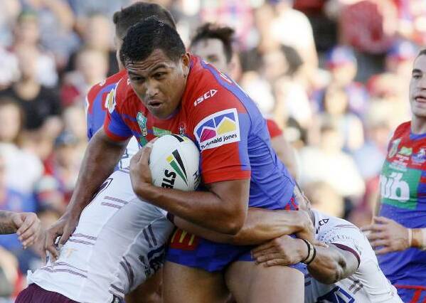 Daniel Saifiti charges into the Manly defence earlier this year.