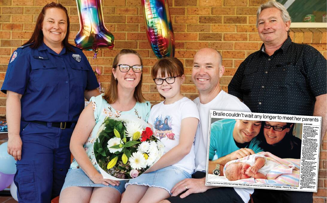 SURPRISE: Paramedics Erin Laughton and Mark Wilson meet Bralie Wilson on her 10th birthday. Pictured at home with her parents Kristy and Gavin Wilson. Picture: Max Mason-Hubers