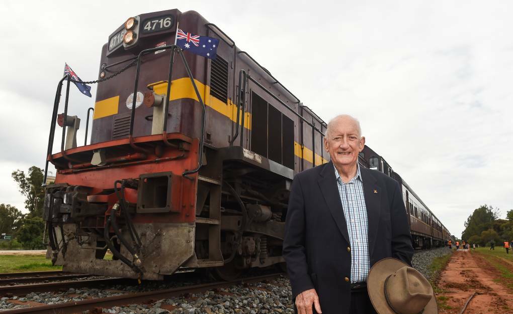 Beloved: Tim Fischer at his last public appearance at Boree Creek last month. He took a train from Albury to the village, where a park named in his honour was unveiled. Picture: MARK JESSER