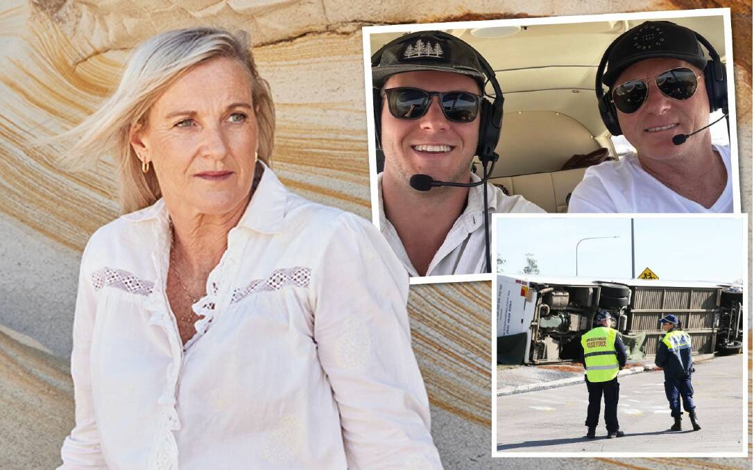 Zach Bray's mother Jacqui Varasdi. Picture by Alana Landsberry for Australian Women's Weekly. Inset the crash scene and Zach with his dad Adam Bray.