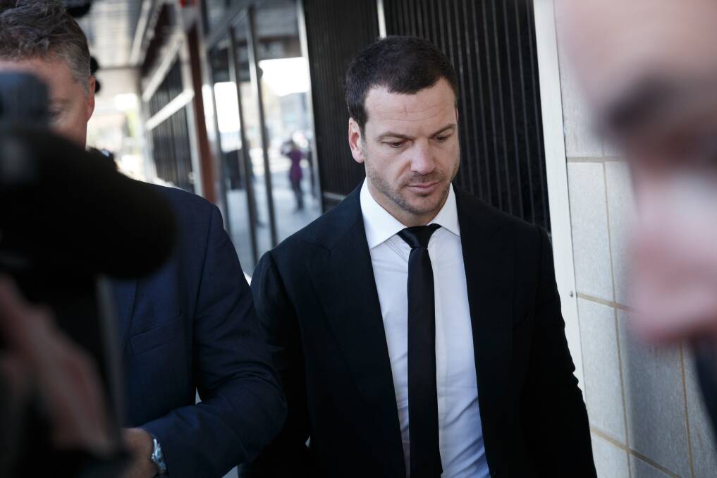 COURT: Former Newcastle Knights NRL star Jarrod Mullen departs Newcastle Courthouse. Picture: Max Mason-Hubers