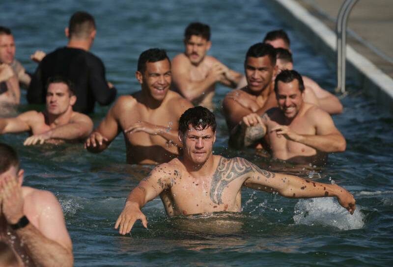 Newcastle Knights doing a recovery session at Merewether Ocean Baths. Pictures: Simone De Peak