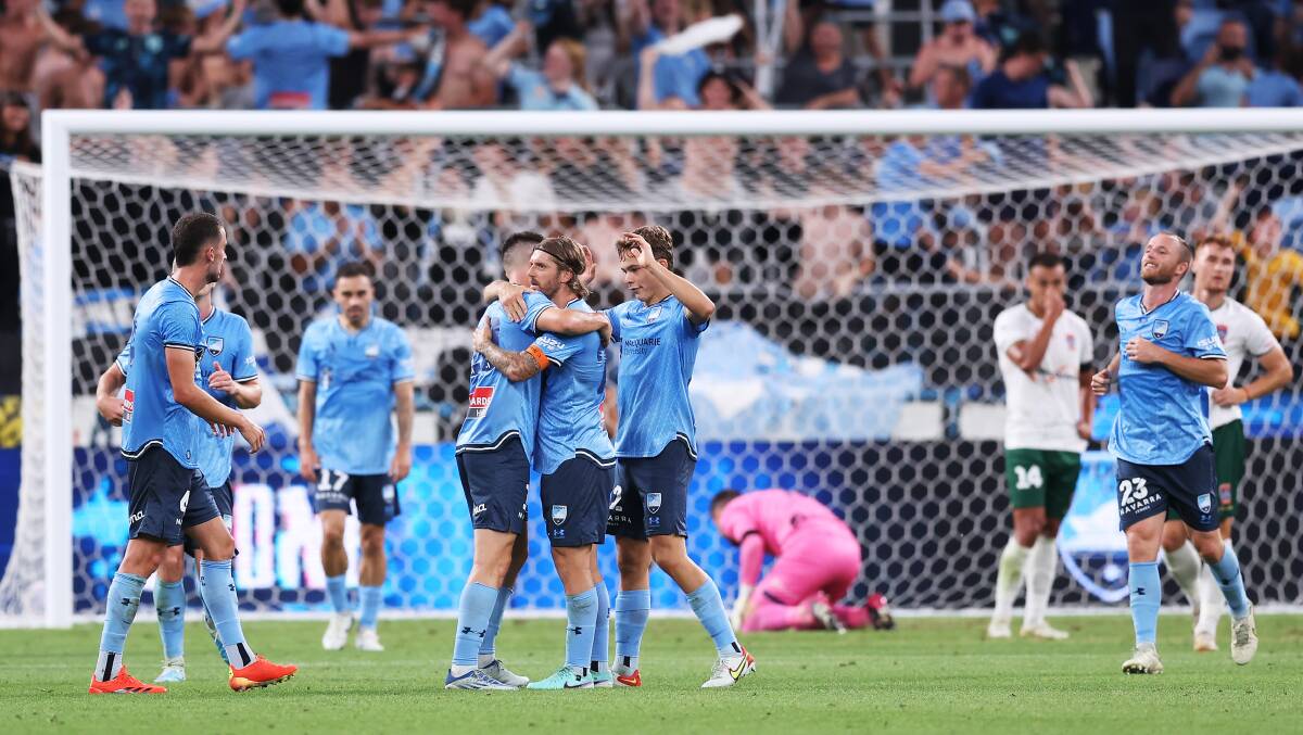 Sydney celebrate Joe Lolley's goal against Newcastle. Picture Getty Images