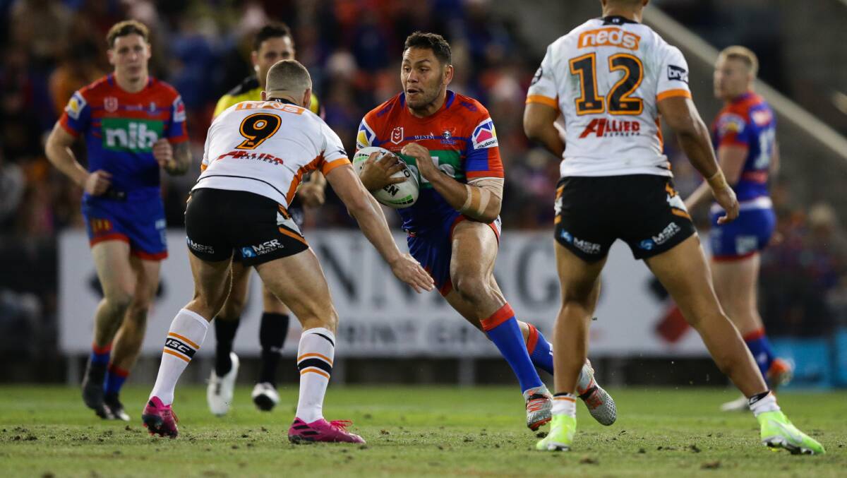 OUTSTANDING TALENT: Jesse Ramien playing in his last game for the Knights. He scored one try against the Tigers and threw the final pass for another. Picture: Jonathan Carroll