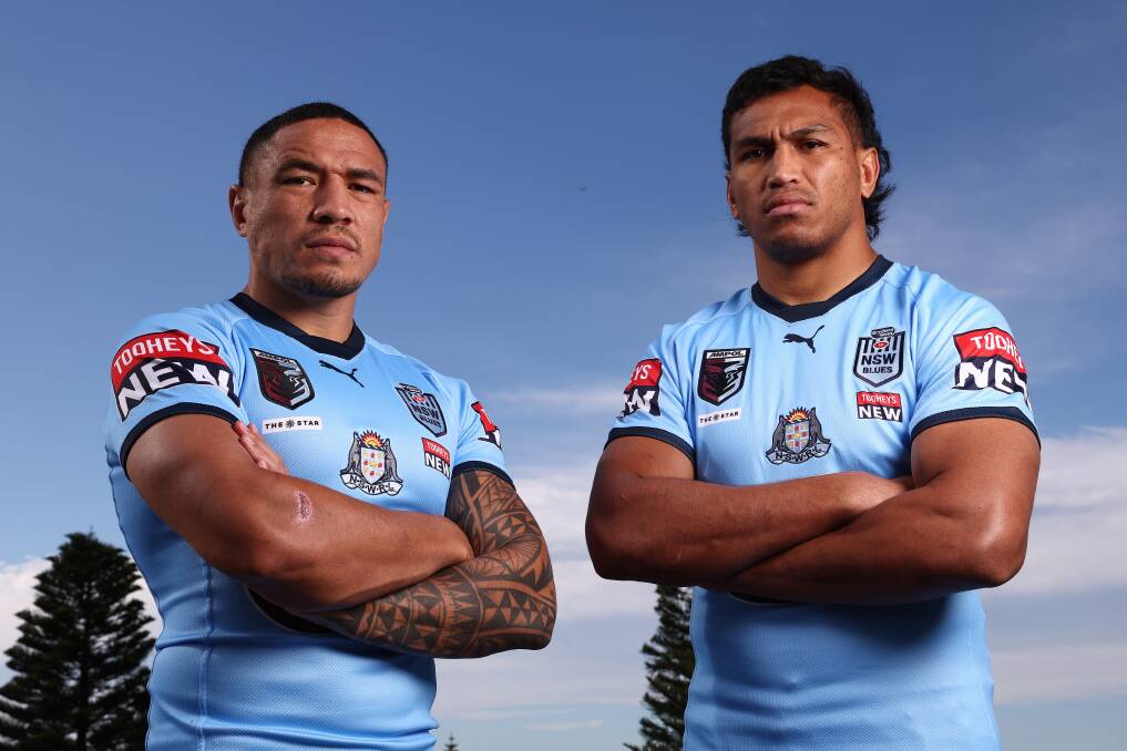 CHANCES: Tyson Frizell and Jacob Saifiti in NSW camp at Coogee on Monday. Picture: Getty 
