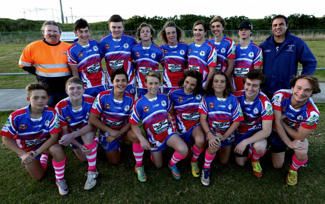 Kurt Donoghoe, front left, in the Central Newcastle under-14 team coached by Knights legend Ashley Gordon.