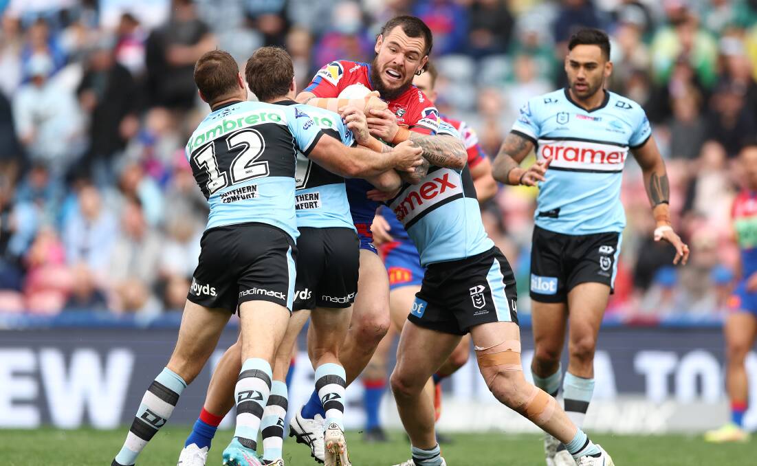Knights prop David Klemmer charges into the Cronulla defence. Picture: Getty Images