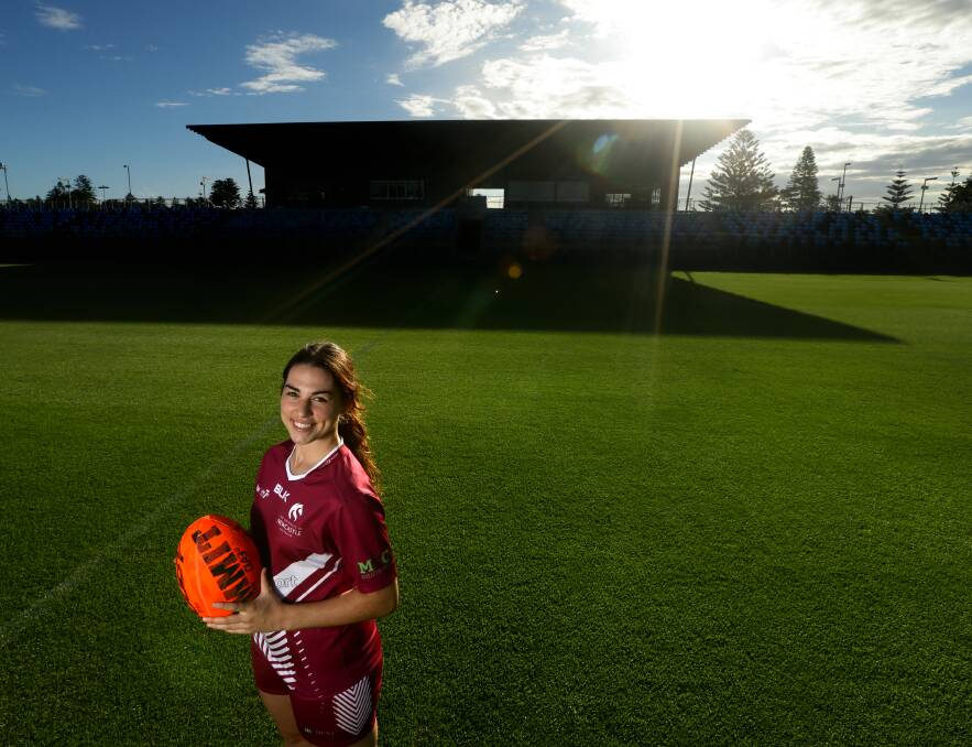KEEN: University of Newcastle representative Kayla Waldron at No.2 Sportsground this week. Round two of the nationwide women's rugby sevens will be held at the venue on Saturday and Sunday. Picture: Jonathan Carroll

