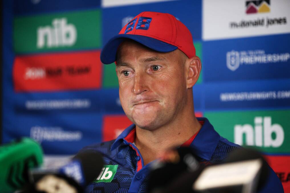 QUESTION TIME: Nathan Brown faces the media on Wednesday after announcing his decision to stand down as Knights coach. Picture: Marina Neil