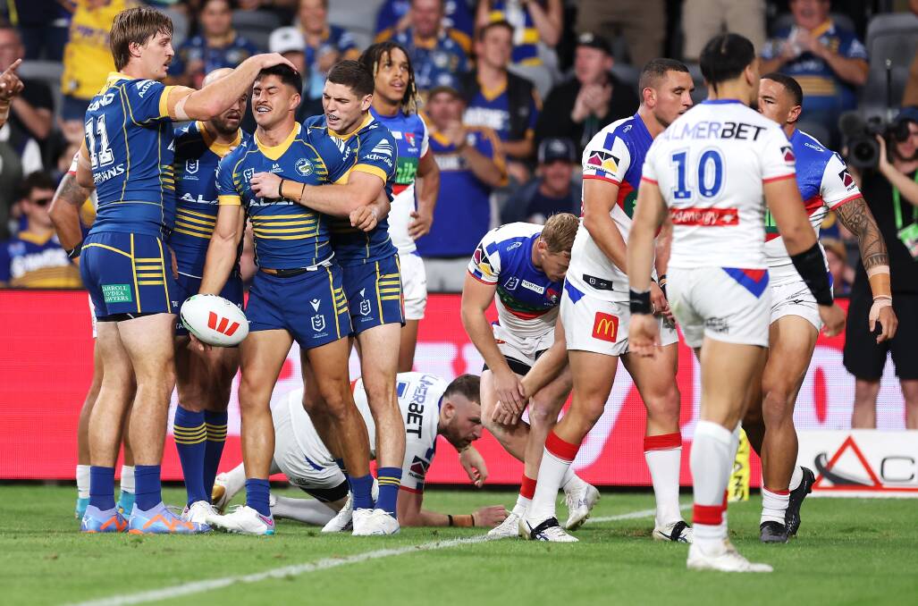 Parramatta celebrate Dylan Brown's opening try on Friday night. Picture Getty Images