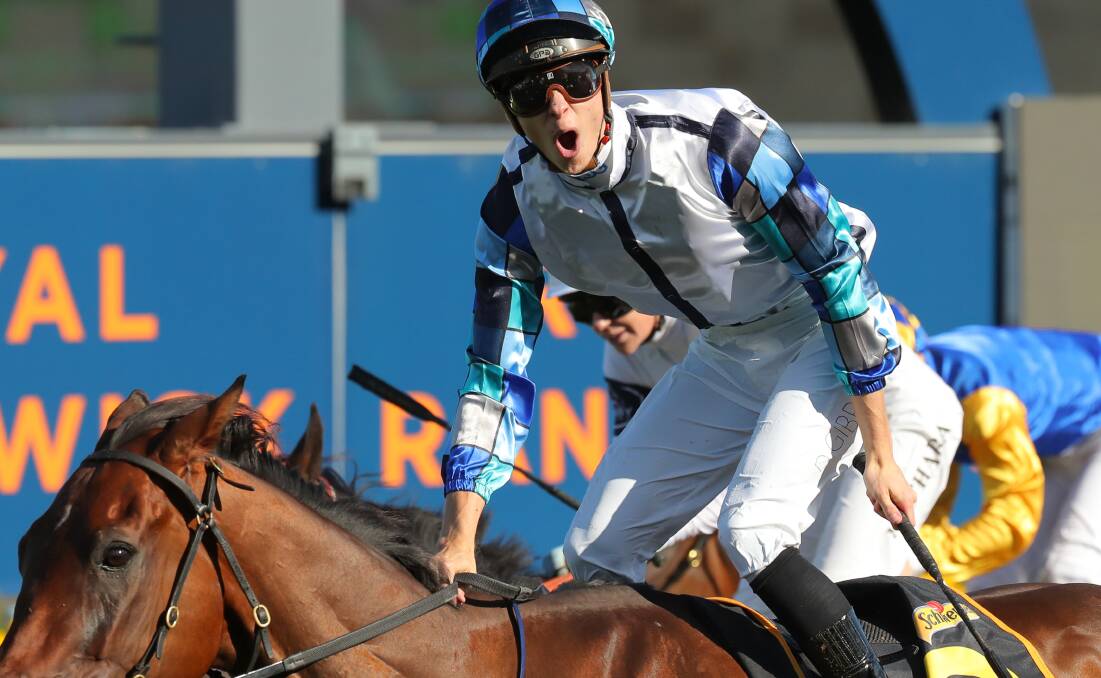 Dylan Gibbons celebrates Explosive Jack's win in the Sydney Cup at Randwick on Saturday. Picture by Jeremy Ng, Getty Images
