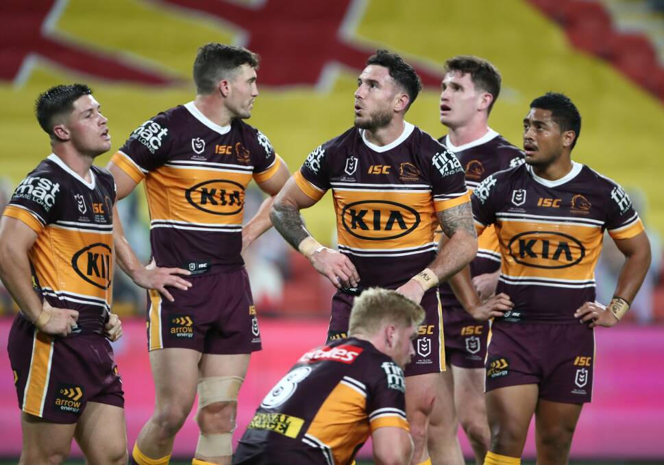 FAMILIAR SIGHT: Brisbane players behind their line after conceding another try. They are the only NRL team not to have won a game since the season resumed. Picture: Jason O'Brien, NRL Photos