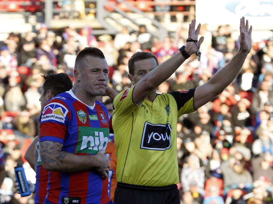 OFF YOU GO: Referee Ben Cummins dispatches Shaun Kenny-Dowall to the sin-bin for punching. Picture: Darren Pateman, AAP