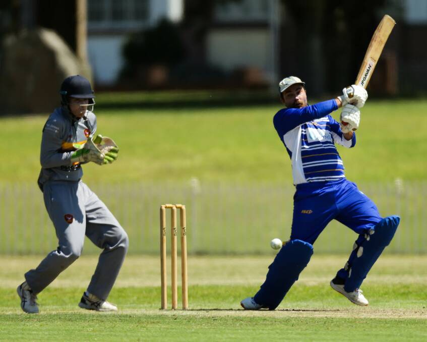 Hamilton-Wickham batsman Matt Webber leans into a back-foot drive against Stockton on Saturday, as wicket-keeper Jake Hainsworth watches on. Pictures by Jonathan Carroll