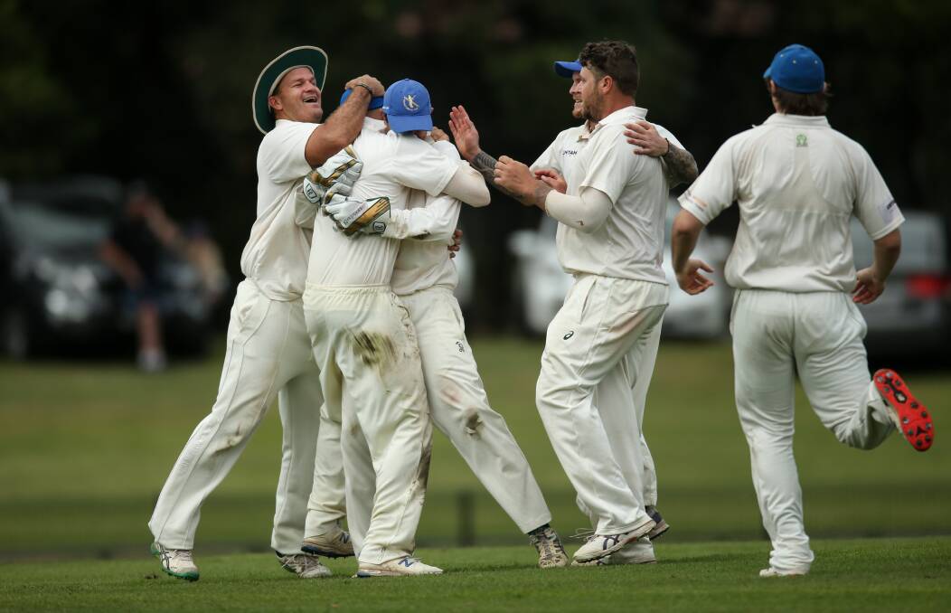 SO NEAR BUT YET SO FAR: Belmont celebrate the run out of tailender Jeremy Nunan, which left Wests 9-73 chasing 108 for victory. Last man Stewart Morgan then joined skipper James King and they proceeded to dash the visitors' hopes. Pictures: Marina Neil