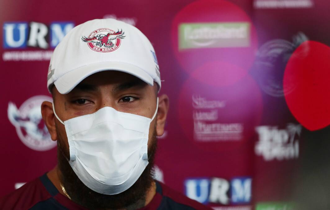 MASKED BANDIT: Manly officials must wish they had gagged prop Addin Fonua-Blake before his post-match tirade against the match officials. Picture: Getty Images