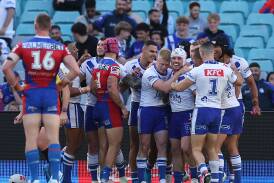 The Bulldogs celebrate a try against Newcastle on Sunday. Picture Getty Images