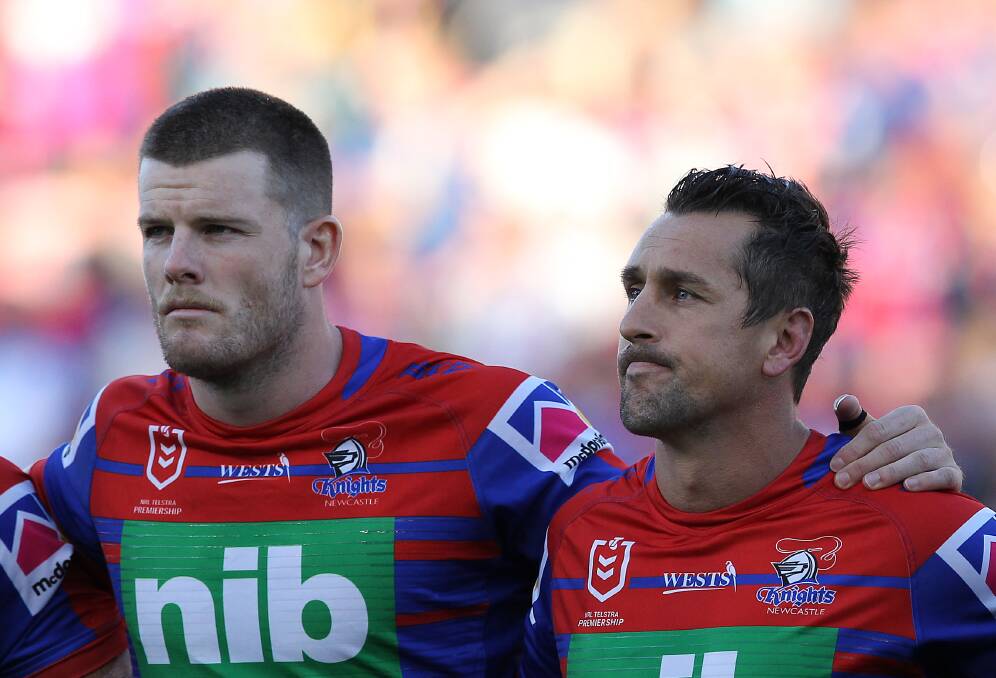 AWKWARD: Lachlan Fitzgibbon and Mitchell Pearce have been teammates at the Knights for the past three seasons. Picture: Getty Images