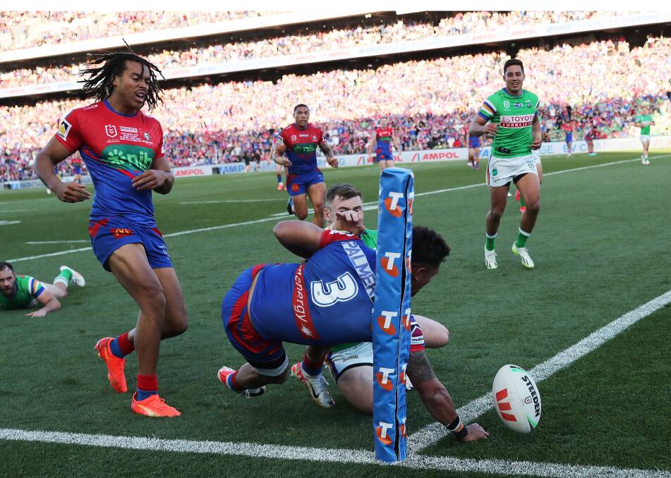 Knights centre Dane Gagai dives over but the bunker ruled no-try. Picture by Peter Lorimer