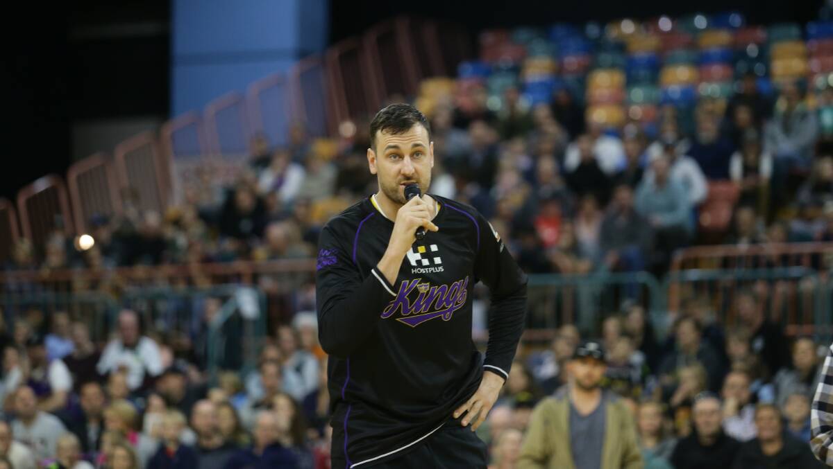 GAME OVER: Andrew Bogut addresses the disappointed fans in Newcastle to explain the court is not safe for use.