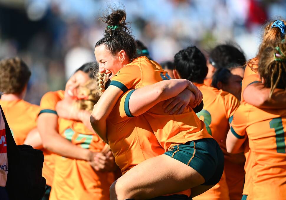 Nelson Bay's Maya Stewart celebrates Australia's 14-12 victory over Scotland in her Test debut at the Women's Rugby World Cup in Whangarei last Saturday. Picture: Getty Images