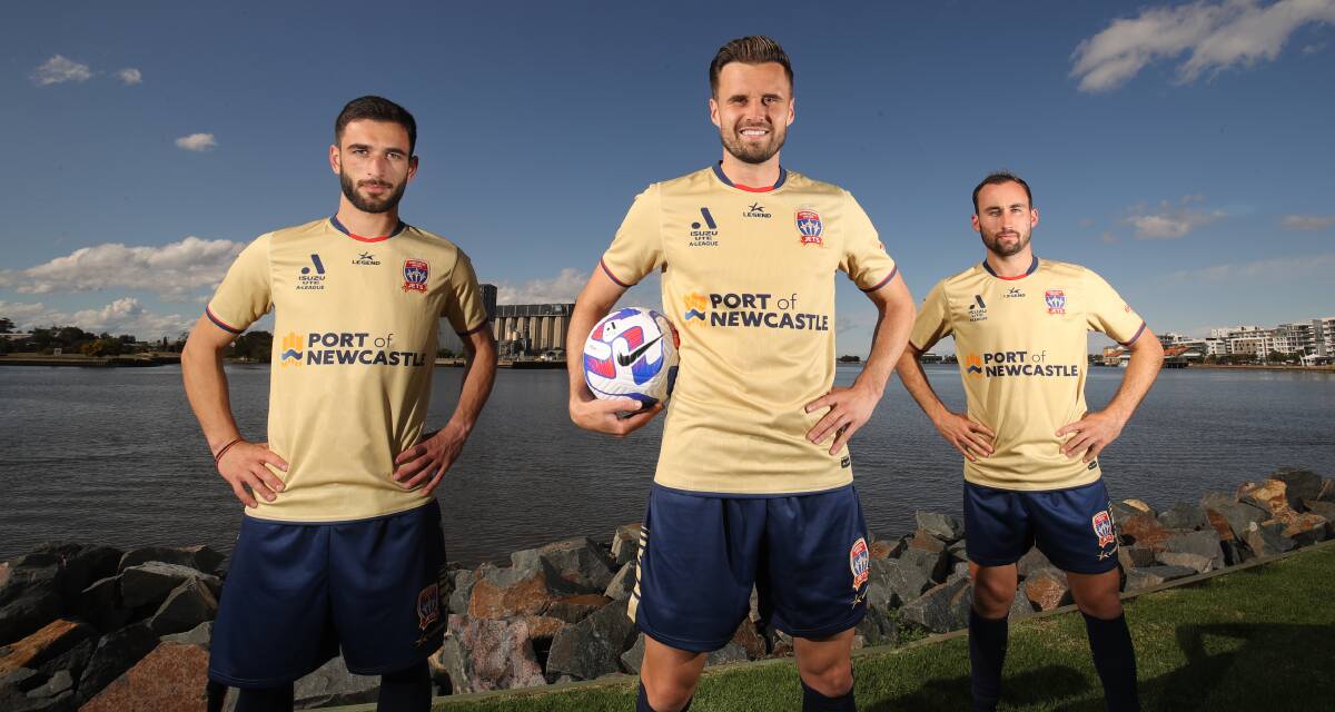 Beka Mikeltadze, Carl Jenkinson and Angus Thurgate in Newcastle's new home kit. Picture by Jets Media