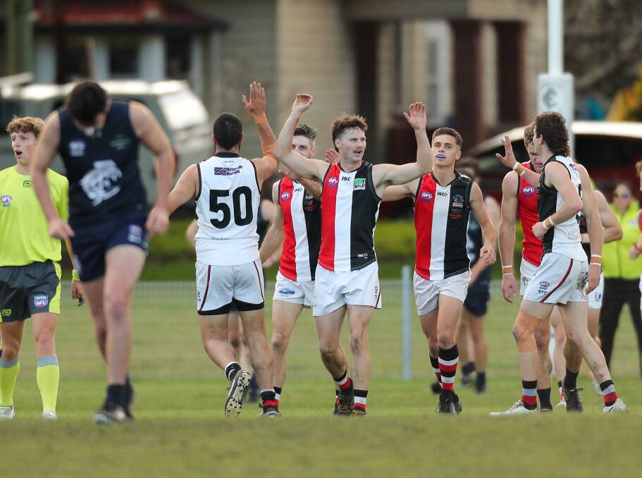 IN FORM: Terrigal Avoca players celebrate scoring a goal against Newcastle City at Hawkins Oval in Wickham on Saturday afternoon. Picture: Max Mason-Hubers 