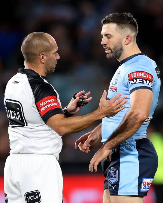 STATING A CASE: NSW captain James Tedesco queries an Ashley Klein decision in Origin I. Picture: Getty Images
