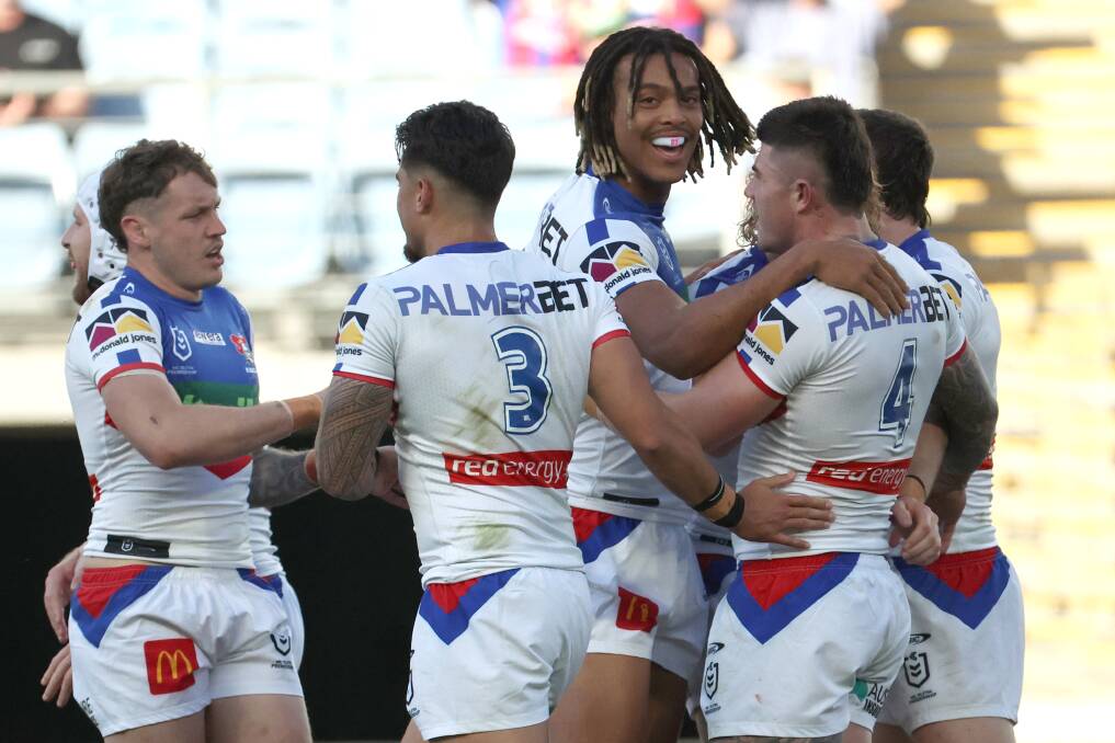 The Knights celebrate a try against Canterbury. Picture by Getty Images