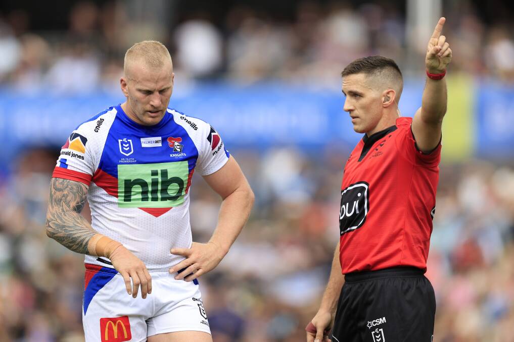 MARCHING ORDERS: Knights forward Mitch Barnett is sent off against Penrith for an alleged elbow. Picture: Getty Images