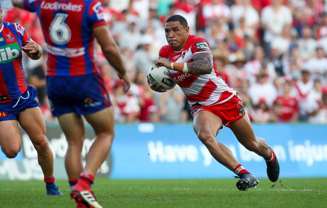 SUPER SIGNING: Tyson Frizell on the charge against the Knights. As of next season, he will be wearing their colours. Picture: Adam McLean