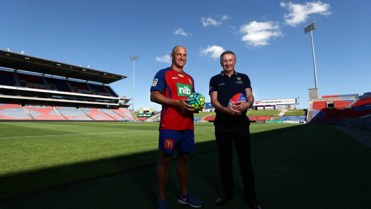 MUTUAL RESPECT: Knights coach Nathan Brown and his Jets counterpart, Ernie Merrick, are on friendly terms, but it is highly unlikely the two clubs will ever again have the same owner. Picture: Jonathan Carroll