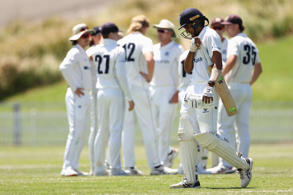 LEARNING CURVE: Newcastle's Jason Sangha ponders his dismissal after being caught for a duck in the Sheffield Shield clash with Victoria. Picture: Dan Himbrechts, AAP