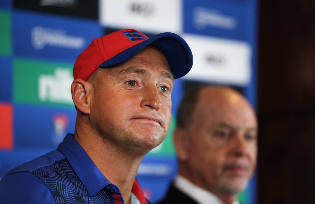 QUESTION TIME: Newcastle Knights coach Nathan Brown and chief executive Phil Gardner face the media on Wednesday. Picture: Marina Neil