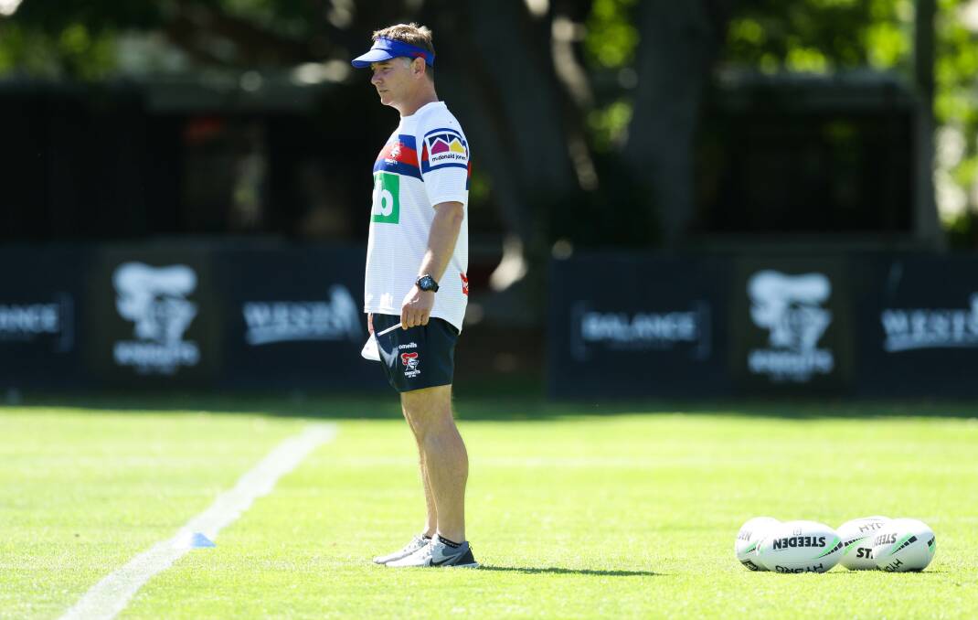 LEARNED EYE: Adam O'Brien during his first official training session as head coach of the Newcastle Knights. Picture: Jonathan Carroll
