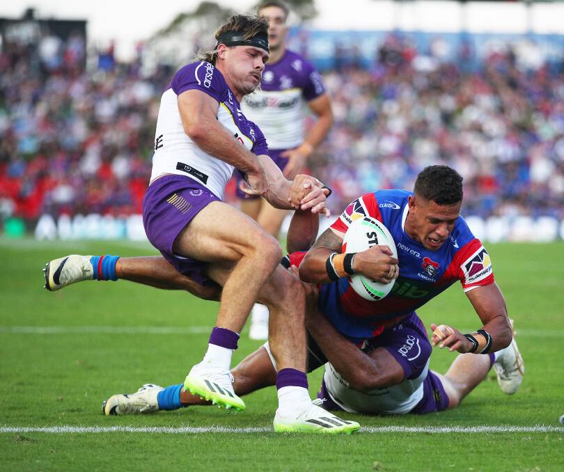 Dane Gagai scores the opening try for Newcastle.