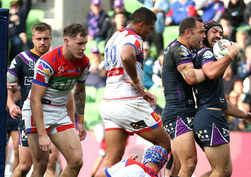 Carve-up: With the two Camerons, Smith and Munster leading the charge, the Melbourne Storm piled on the second half points to hand the Knights a 30 point trouncing last weekend. Picture: AAP.
