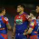CANDID: Knights forward Daniel Saifiti, centre, has admitted that he and his teammates have struggled with performance anxiety this season. Picture: Jonathan Carroll