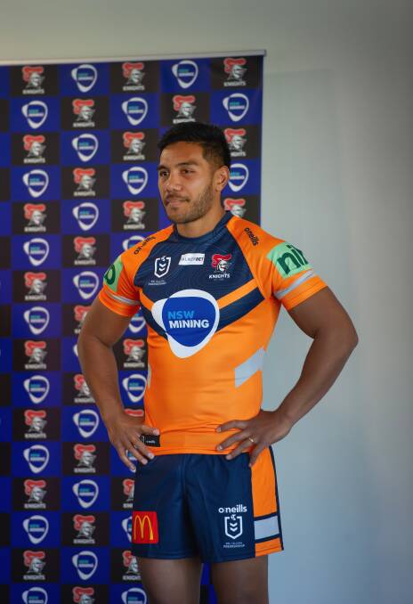 NEW LOOK: Hymel Hunt models Newcastle's Voice for Mining jersey, which they will wear against Canberra later in the season. Picture: Marina Neil