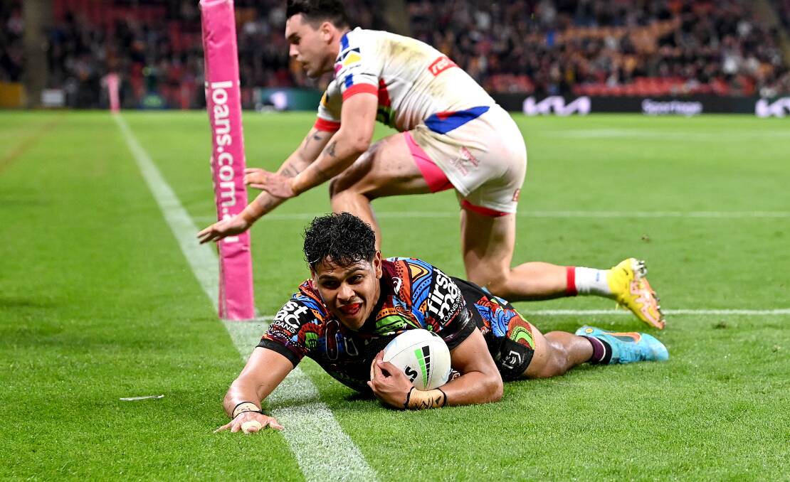 TRY TIME: Brisbane's Selwyn Cobbo opens the scoring against Newcastle. Picture: Getty Images