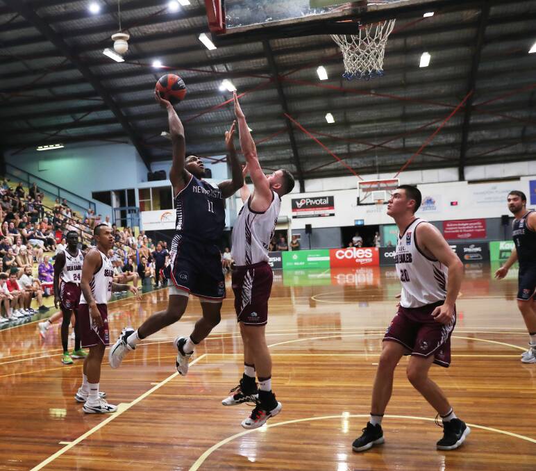 American import Anthony Gaines played a key role as the Newcastle Falcons defeated Manly Sea Eagles at Newcastle Basketball Stadium on Saturday night. Picture by Peter Lorimer